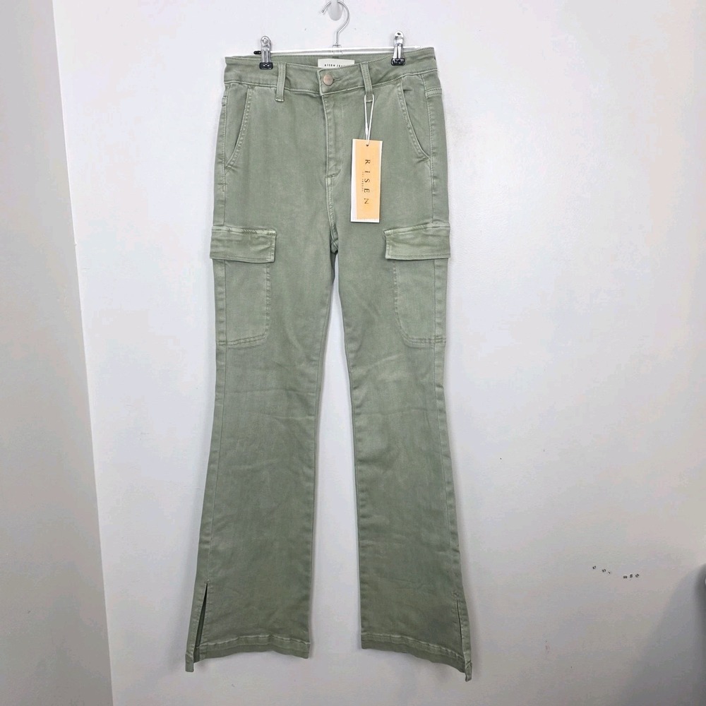 Risen Green High Rise Side Slit Cargo Bootcut Utility Streetwear Jeans Size 28